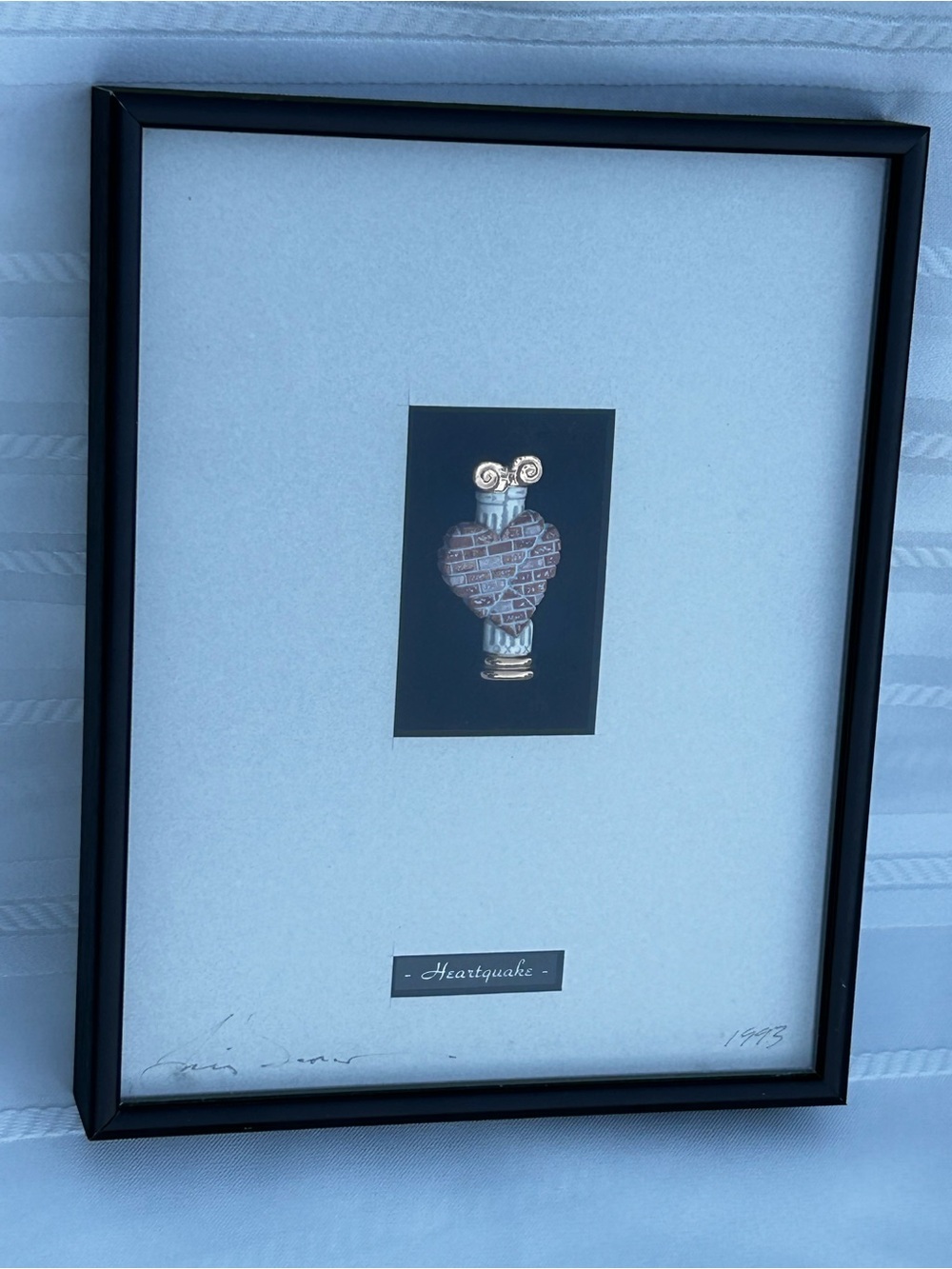 Vintage 1993 Framed Signed Art Brick Heartbreak White Gold Column Decor